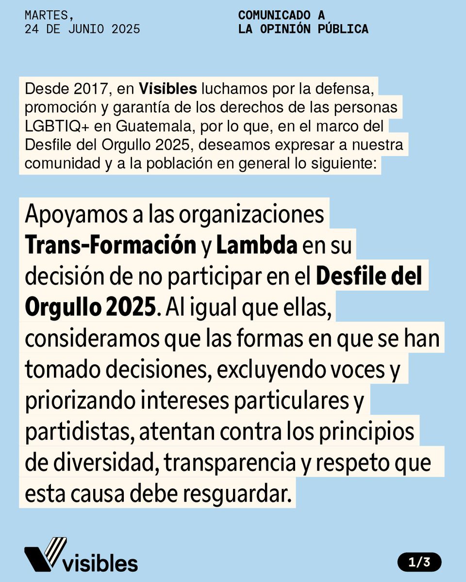 visibles_gt's tweet photo. Es posible empezar a construir una Marcha del Orgullo que celebre nuestras identidades, honre la memoria y encarne la digna resistencia por nuestros derechos; una marcha organizada por quienes apostamos por un horizonte común, el cuidado mutuo y el relevo generacional. https://t.co/jdiR0hAtft