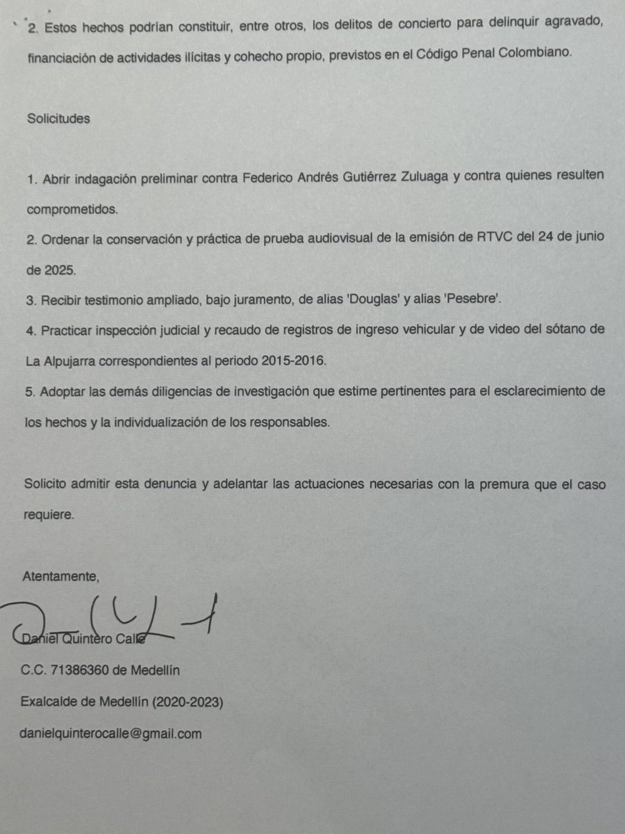 Con el radicado 20256110141352 Fiscalía General de la Nación recibió denuncia contra el Alcalde de Medellín Federico Gutiérrez por la alianza confesada por alias Duglas y alias Pecebre con la oficina de Envigado.