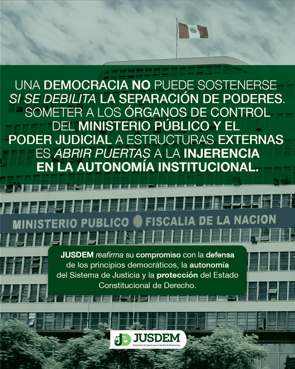 jusdemperu's tweet photo. Desde JUSDEM expresamos nuestra profunda preocupación ante los proyectos de ley presentados por la Defensoría del Pueblo que buscan subordinar los órganos de control del Poder Judicial y del Ministerio Público a la Junta Nacional de Justicia. 
#JUSDEM #EstadoDeDerecho #Democracia https://t.co/pYQyTlIYEj