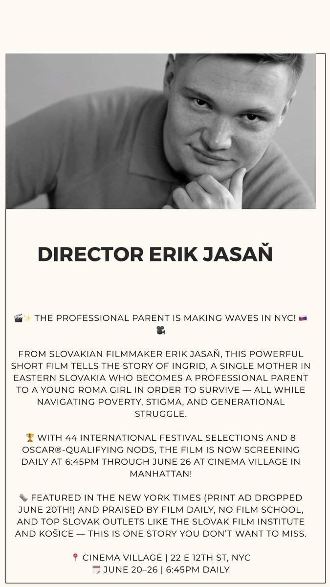 #TheProfessionalParent #ErikJasaň #ShortFilm #CinemaVillage #NYCEvents #SlovakFilm #RomaVoices #IndieCinema #NowPlaying #SocialImpactFilm #FilmFestivalDarling #NYCFilmScene