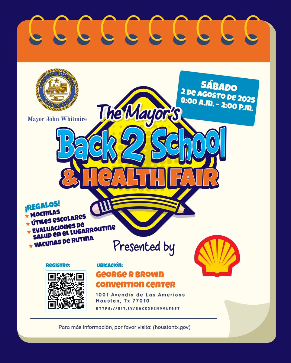 WellsWolverines's tweet image. The Mayor's Office invites you to the Mayor’s Back to School Fest on August 2nd 2025, from 8 AM to 2 PM at the George R. Brown Convention Center! Enjoy FREE resources and giveaways including backpacks, school supplies, and more. Register TODAY bit.ly/Back2SchoolFest
