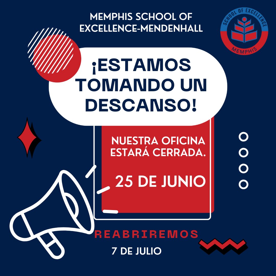 MSEMendenhall's tweet photo. Memphis School of Excellence Mendenhall is currently closed and will reopen on July 7th. 

We look forward to welcoming families back to assist with registration, questions, and any support you may need. See you soon! 🦅 https://t.co/89hV3qJFkt