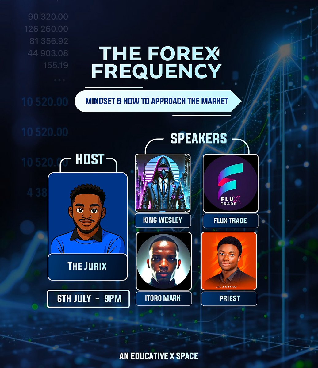 The Forex Frequency

Mindset &amp; How to Approach the Market

Join us on 6th July at 9PM as we dive deep into the mental game of trading!
Whether you’re just starting out or looking to level up, this Space is packed with real insights and sharp strategies.

🎙️ Host: <a href="/TradeWithJurix/">The Jurix</a>