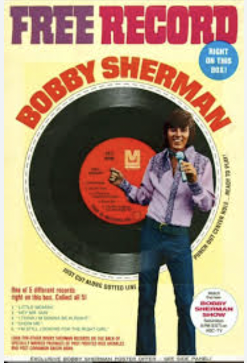LAGurwitch's tweet image. I grew up cutting out Bobby Sherman cardboard records on the back of Honeycomb  Cereal Boxes. When dinosaurs roamed the earth. #BobbySherman