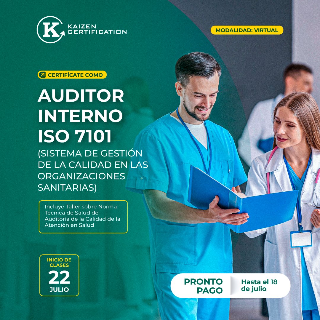 🥇CERTIFÍCATE como AUDITOR INTERNO ISO 7101 (SISTEMA DE GESTIÓN DE LA CALIDAD EN LAS ORGANIZACIONES SANITARIAS)🩺🏥

✨ Contáctanos ➡️ wa.link/tdn2gs
📄 Descargar brochure ➡️ bit.ly/4k1v4LP
🎥 Testimonios ➡️ bit.ly/4kM43NR
