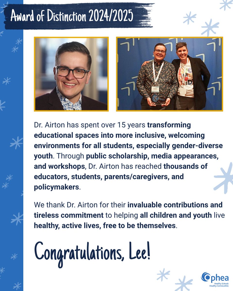 Ophea is proud to present the recipient of our 2024/2025 Award of Distinction! This award recognizes individuals who demonstrate exceptional leadership &amp; long-term contributions in promoting healthy, active living &amp; inclusive practices for students. 
ophea.net/dr-lee-airton-…