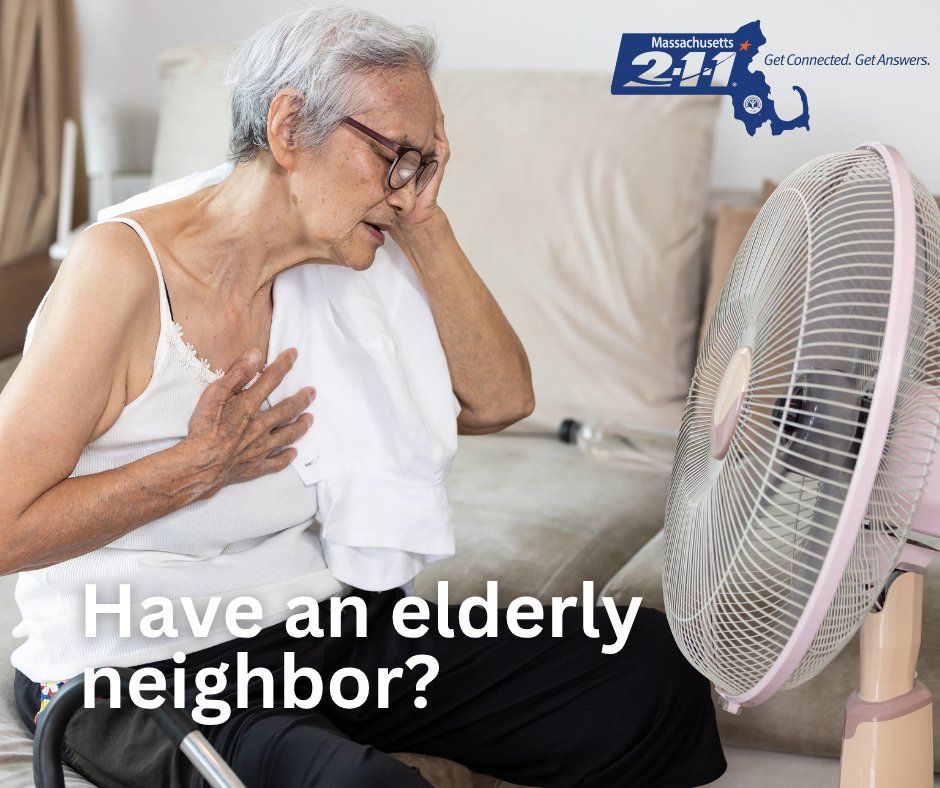 Mass_211's tweet image. Make sure to check on your elderly neighbors in this heat, or anyone who is isolated. Call 911 in an emergency if you or someone you see is experiencing a medical problem. At Mass211, we can help you find the closest cooling shelter. Dial 211. We're here to help 24/7. 📲