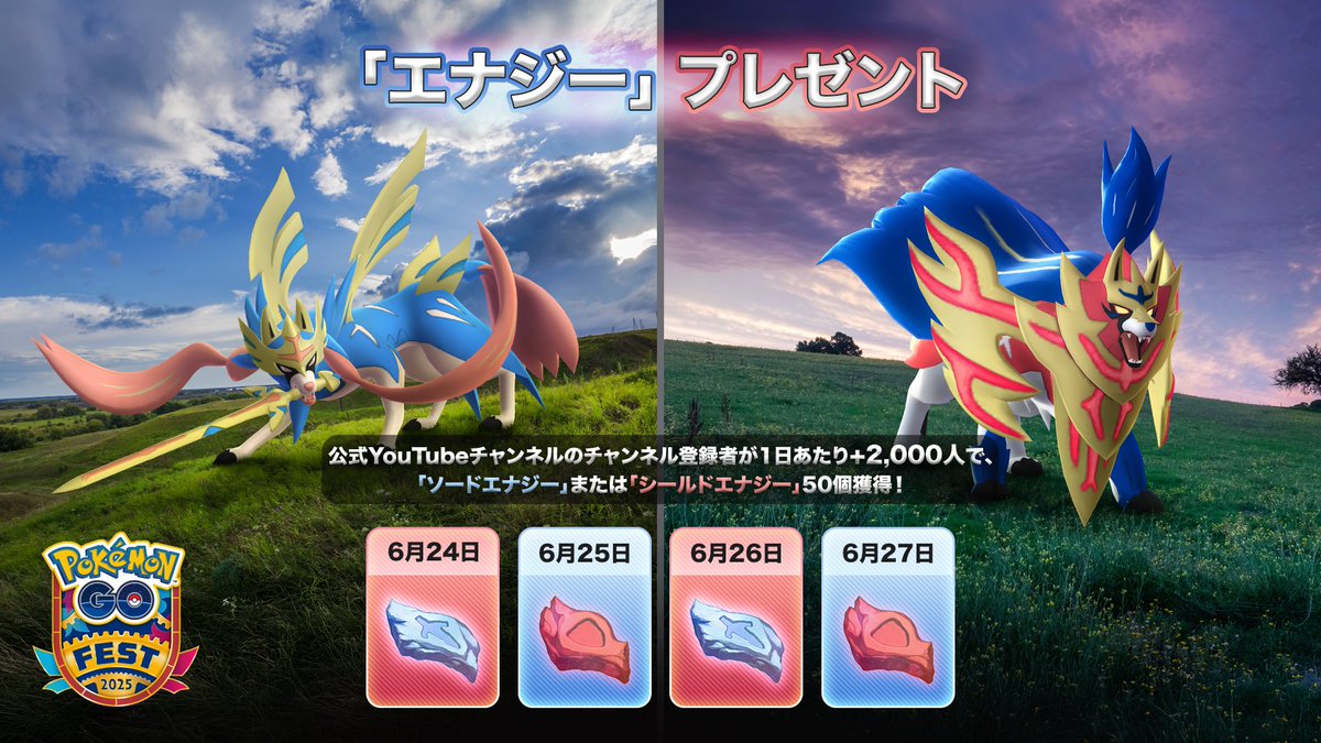 PokemonGOAppJP's tweet photo. 公式アカウントのフォロワー数増加で、「エナジー」が入手できるコードを受け取れるチャンス！

公式YouTubeチャンネルのチャンネル登録者が1日で2000人以上増加すると、「ソードエナジー」または「シールドエナジー」が50個手に入るコードが毎日アンロックされます！#ポケモンGO

チャンネル登録はこちら！⬇️
https://t.co/Ha6O3oDBtO

https://t.co/6fUwz1zbTE