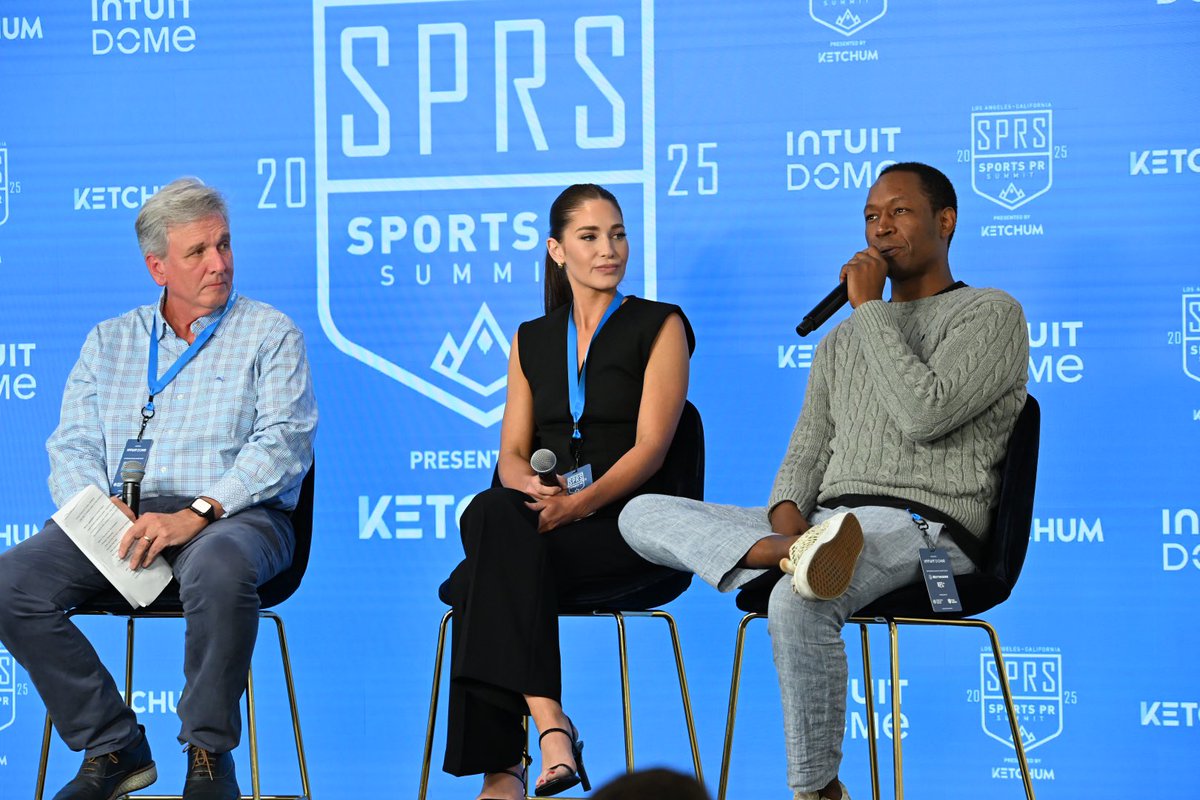 Patrick Wixted, Managing Director, Sports at Ketchum, interviewing Sam Farmer of the Los Angeles Times, Olivia Garvey of NBC Los Angeles, and Clinton Yates of ESPN Los Angeles on stage at <a href="/SportsPRSummit/">SportsPRSummit</a> at the <a href="/IntuitDome/">Intuit Dome</a> Los Angeles.