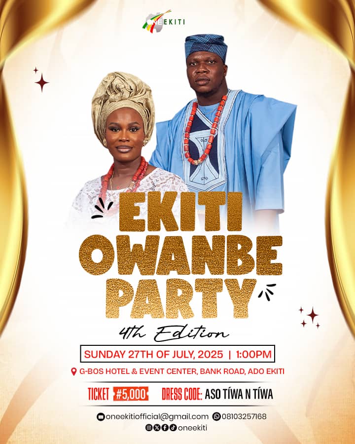 It's about time!
The 4th edition, is going to be bigger and better with you on board. 
 
#EkitiOwambeParty is here again, and we can't wait to party with you. 

July 27th,2025 | 1 pm
📍G-bos Hotel and Event Center 
 
TICKET:  #5,000
 
To purchase your ticket, kindly send a dm.
