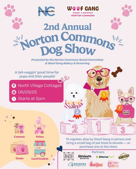 Raise your paw if you’re excited for the second annual Norton Commons Dog Show. The show is  June 28 at 5pm at our North Village Market. 

To register your pup, stop by Woof Gang in person with a small bag of pet food to donate - or purchase one at the store. #NortonCommonsLife