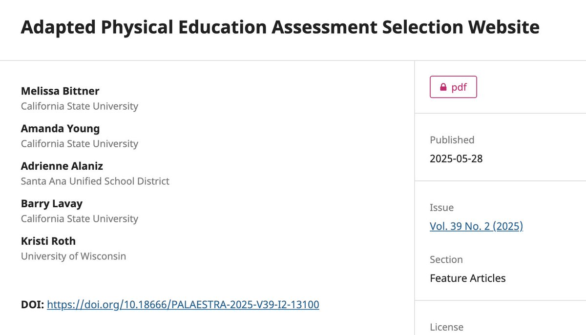 Congrats to Drs. Bittner, Young, Lavay and Roth (UW-Stevens Point) and APE Teacher Adrienne Alaniz on their recent Palaestra publication APE Assessment Selection Website!
Link to Palaestra subscription: sagamorepub.com/products/palae…
APE Selection Website: katrinaorevillo.com/ape-assessment…