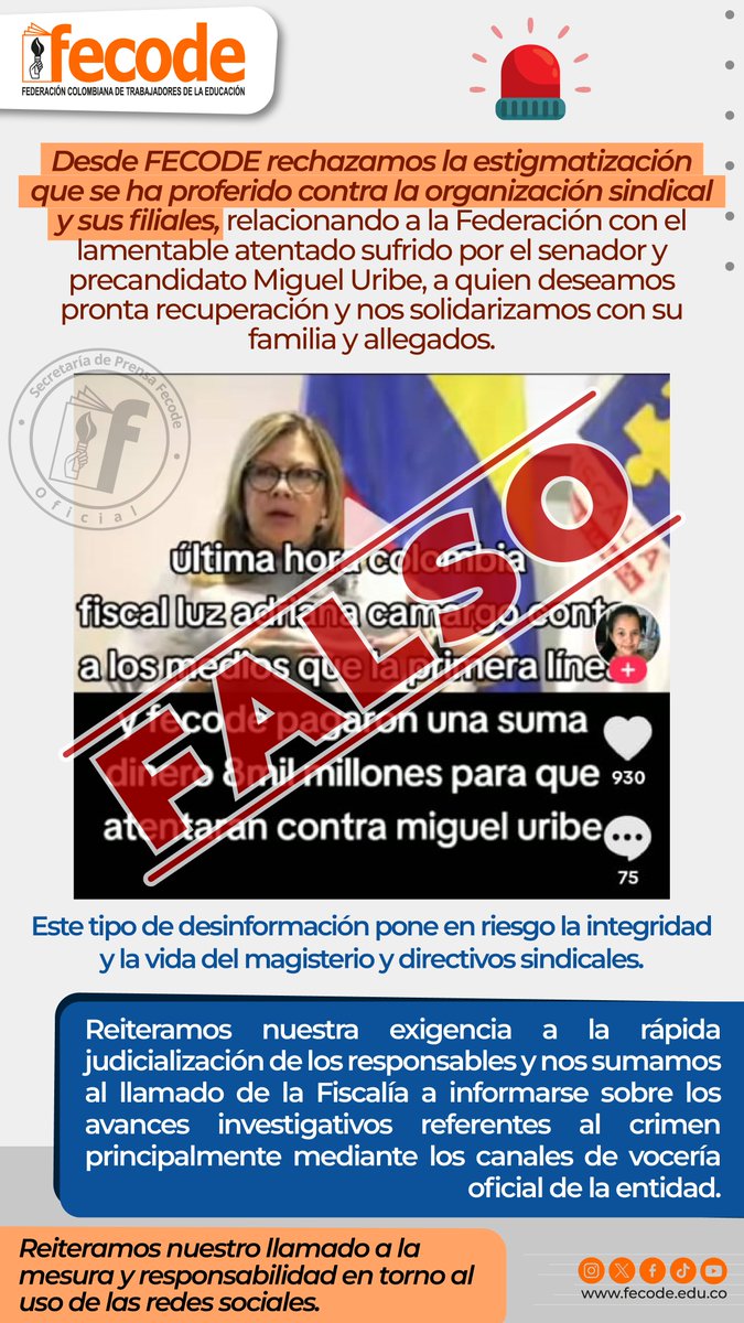 fecode's tweet photo. Desde FECODE rechazamos la estigmatización que se ha proferido contra la organización sindical y sus filiales, relacionando a la organización sindical con el lamentable atentado contra el senador y precandidato presidencial, Miguel Uribe Turbay, a quien deseamos pronta recuperación y nos solidarizamos con su familia y allegados. 

Reiteramos nuestra exigencia a la rápida judicialización de los responsables y nos sumamos al llamado de la Fiscalía a informarse sobre los avances investigativos referentes al crimen principalmente mediante los canales de vocería oficial de la entidad. 

Este tipo de desinformación pone en riesgo la integridad y la vida del magisterio y directivos sindicales.