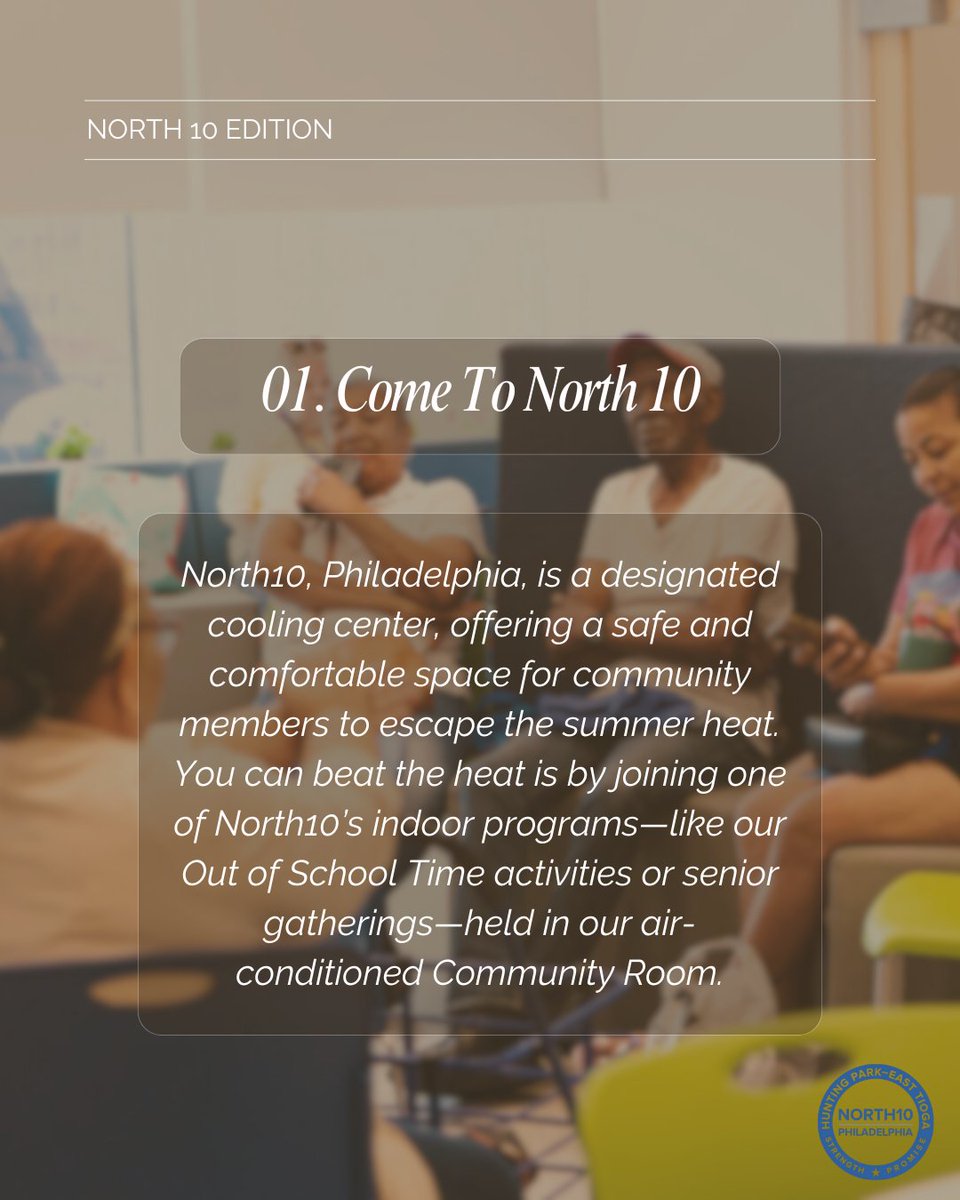 North10Phl's tweet photo. Need a place to cool off? North10, Philadelphia, is serving as a designated cooling center during these hot summer days. Our doors are open to community members seeking relief from the heat. Stop by the Lenfest Center to rest, hydrate, and stay safe. 

#TogetherWeThrive https://t.co/iQDc8XlTlJ