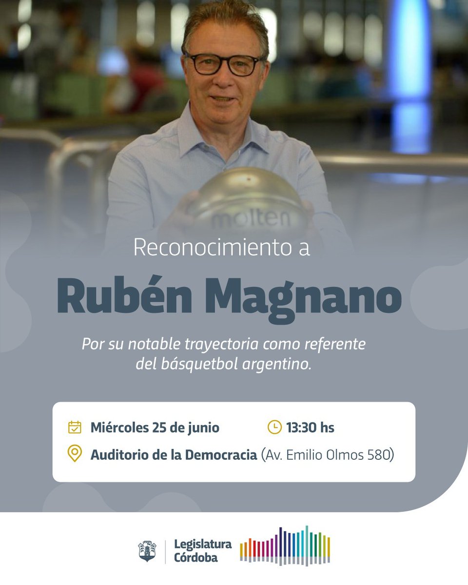 Colomba Guillermo 📸✌️💙🤍💙 (@guillecolombaok) on Twitter photo La <a href="/LegislaturaCBA/">Legislatura de Córdoba</a> brindará un Reconocimiento al Maestro Rubén Magnano 🏀
Se trata de un Homenaje a Rubén Magnano, exjugador y director técnico de básquetbol Argentino, un referente del deporte nacional y de la Ciudad de Córdoba. La <a href="/LegislaturaCBA/">Legislatura de Córdoba</a> brindará un Reconocimiento al Maestro Rubén Magnano 🏀
Se trata de un Homenaje a Rubén Magnano, exjugador y director técnico de básquetbol Argentino, un referente del deporte nacional y de la Ciudad de Córdoba.