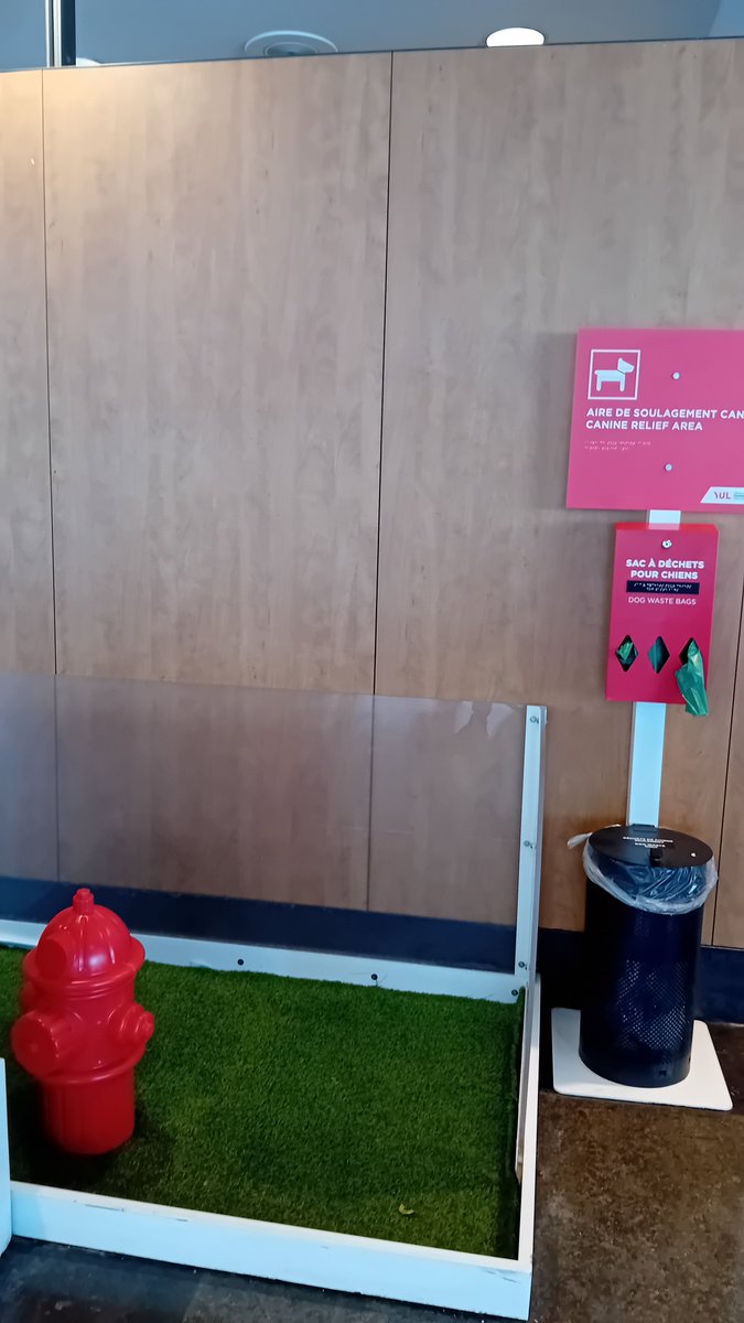 A day late after our flight got cancelled, but we've arrived in Montreal. At an airport that has (complete with fake hydrant) an indoor area for dogs to pee!