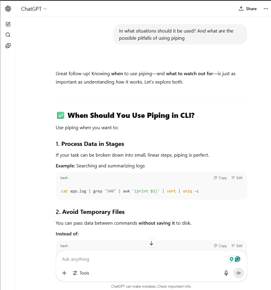 michaelachumba's tweet photo. I just tried using CHATGPT to learn the basics of piping in CLI. I tried using the "describe" verb to prompt it to show how to use it.

I learnt that it takes the output of one command and uses it as input for the next command.

Enjoying AI Assisted Learning

#ALX_FE #ALX_SE https://t.co/d4033uhWjG