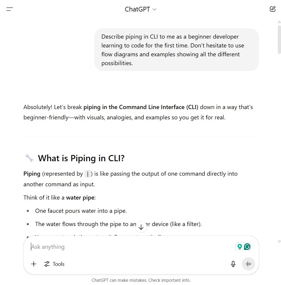 michaelachumba's tweet photo. I just tried using CHATGPT to learn the basics of piping in CLI. I tried using the "describe" verb to prompt it to show how to use it.

I learnt that it takes the output of one command and uses it as input for the next command.

Enjoying AI Assisted Learning

#ALX_FE #ALX_SE https://t.co/d4033uhWjG