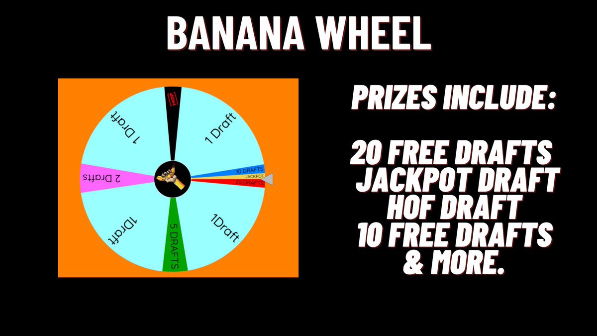 20 min till we spin the Banana Wheel for all our Promos that run daily. 

Win up to 20 Free Drafts, Jackpot, and more in our Onchain Best Ball contest. 

27 ETH Guaranteed Prize Pool 
8 ETH Guaranteed to 1st Place