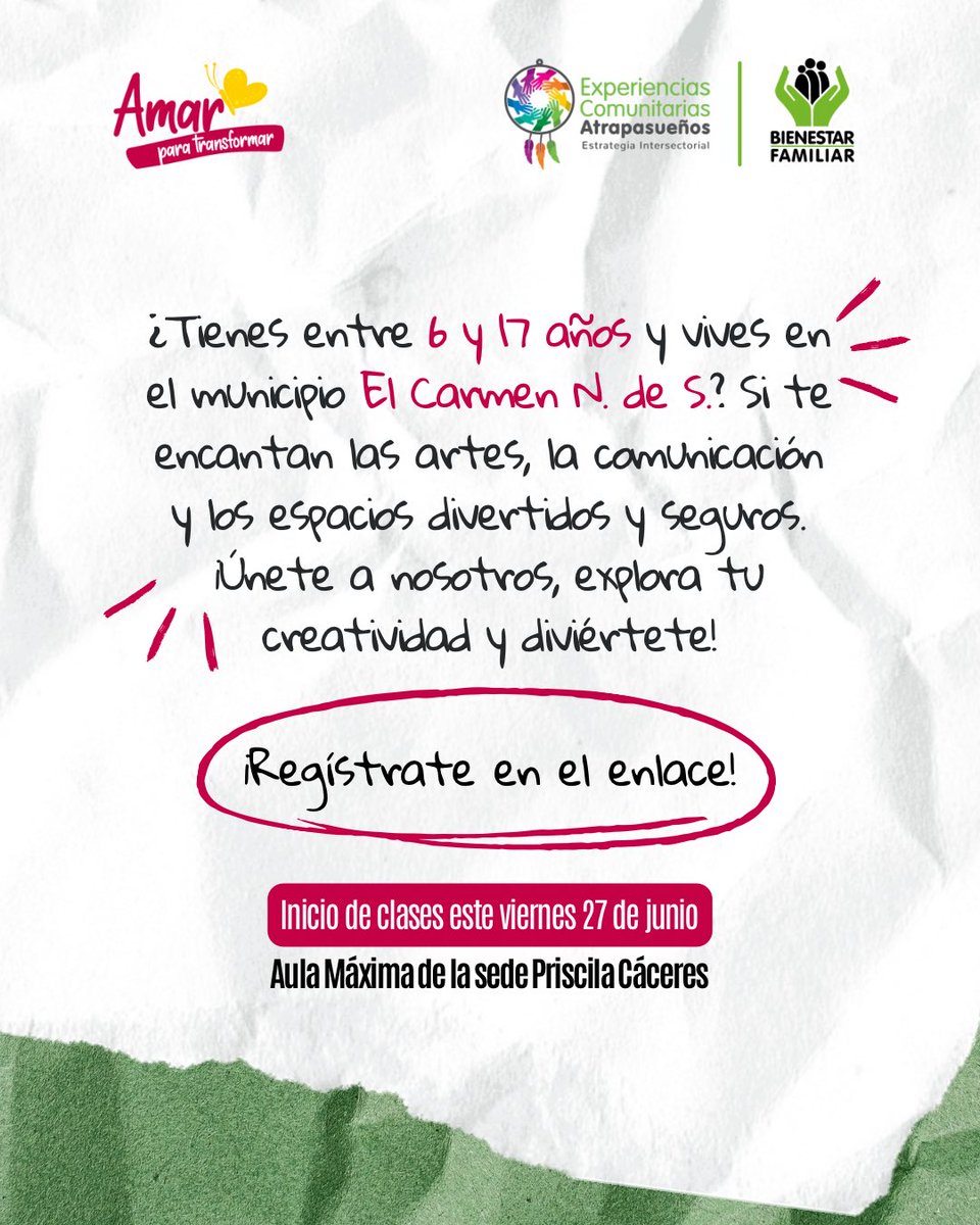 FCincoSentidos's tweet photo. 🎨✨ ¡Amar para Transformar!

La Fundación 5 Sentidos invita a todos los niños, niñas y adolescentes entre 6 y 17 años de El Carmen, Norte de Santander, a hacer parte de este hermoso proyecto. ⬇️

¡Inscríbete aquí! 👉🏽 https://t.co/bE9TAPInrj https://t.co/lxtGZbwgR2
