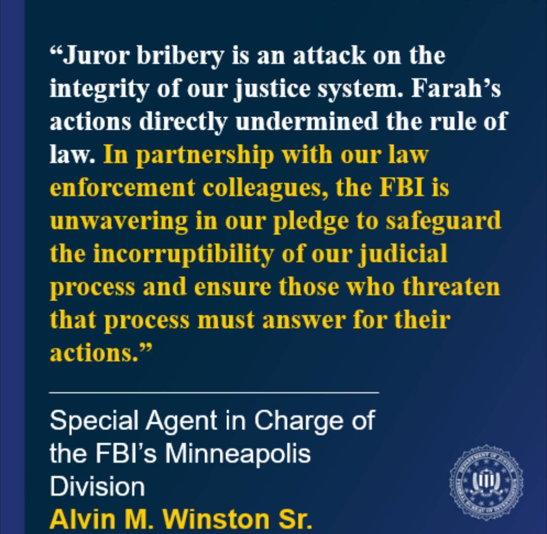 FBIMinneapolis's tweet image. Abdiaziz Farah Pleads Guilty to Scheme to Bribe Feeding Our Future Juror
Read More: ow.ly/uxGS50WfOO4