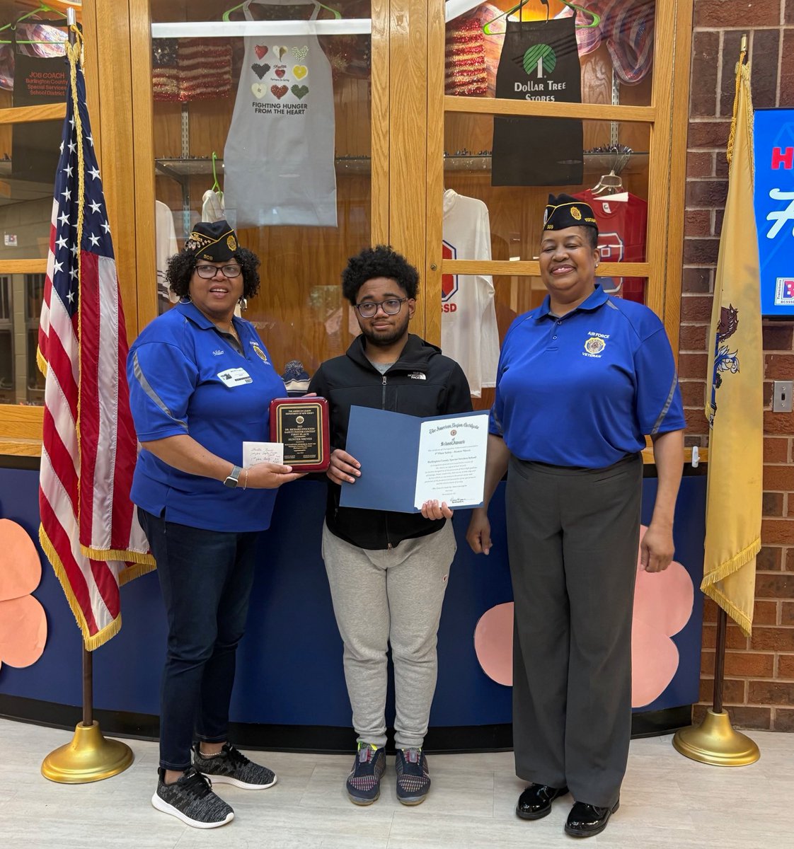 Two members of American Legion Post 509 of Westampton visited <a href="/BCSSSDTweets/">BCSSSD</a> to recognize the BCSSSD student winners of the American Legion Safety Poster Contest! Special congratulations to Hunter, who took First Place at every level of the contest. #NJSpecialServices