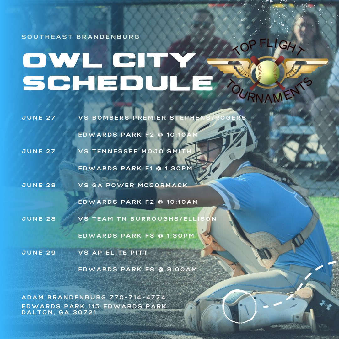 KayleeLapides's tweet photo. Here's our schedule for this weekend at Owl City!! @SE_Elite_Burg @KristenBGregory @GSCSoftball https://t.co/2NIy075oq8
