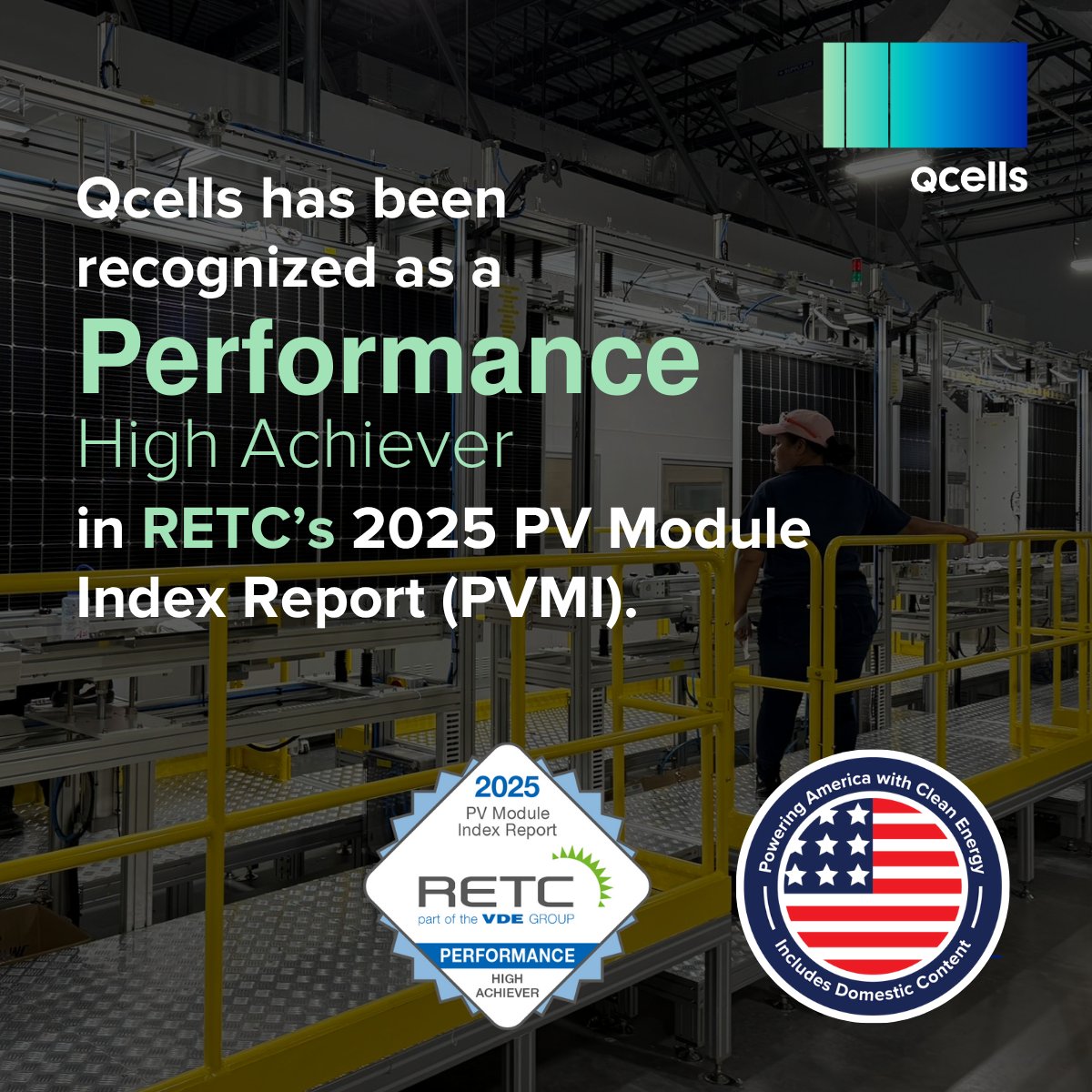 Big news! 🎉 Qcells has been named a Performance High Achiever in the 2025 RETC PV Module Index Report (PVMI). 

➡️12 months of rigorous testing. Top-tier performance, reliability, and quality. 🙌Innovation that lasts — and leads.