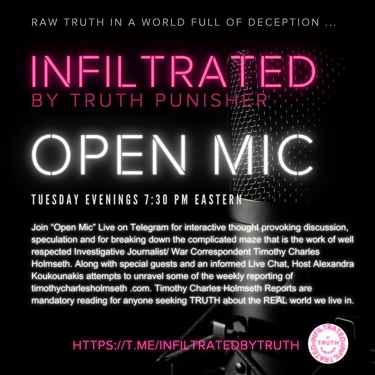 OPEN MIC 
🔥🔥🔥🔥

TUESDAY
TELEGRAM 
LIVE

7:30 PM EASTERN 
06.24.25

#OPENMIC on #NFILTRATEDbyTRUTH discussing.... 

#HOLMSETHReports 
#LetJessieSpeak 
#TRUTHPunisher 

LINK 
👇👇👇👇

t.me/INFILTRATEDbyT…