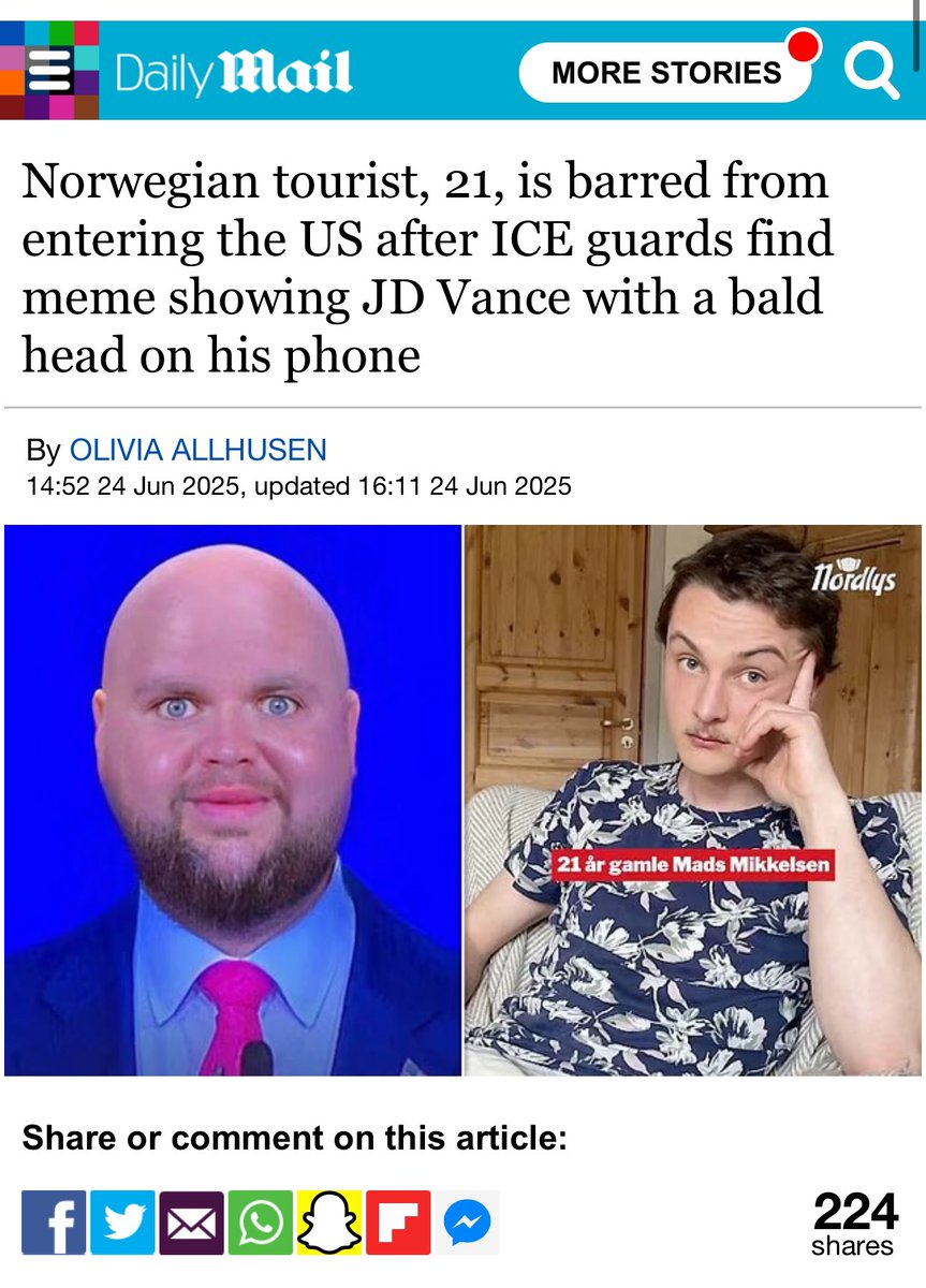 BS. Claims that Mads Mikkelsen was denied entry because of a JD Vance meme are FALSE. 

Mikkelsen was refused entry into the U.S. for his admitted drug use.