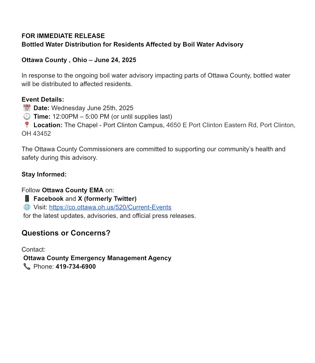 OttawaCountyEMA's tweet photo. ‼️BOTTLED WATER DISTRIBUTION FOR ALL OTTAWA COUNTY RESIDENTS AFFECTED BY BOIL WATER ADVISORY ‼️

📆 Wednesday June 25th,2025

⏰ Time: 12:00PM - 5:00PM (or until supplies last)

📍 Location: The Chapel - Port Clinton Campus, 4650 E Port Clinton Eastern Rd, Port Clinton, OH 43452 https://t.co/BFWpScgM0S
