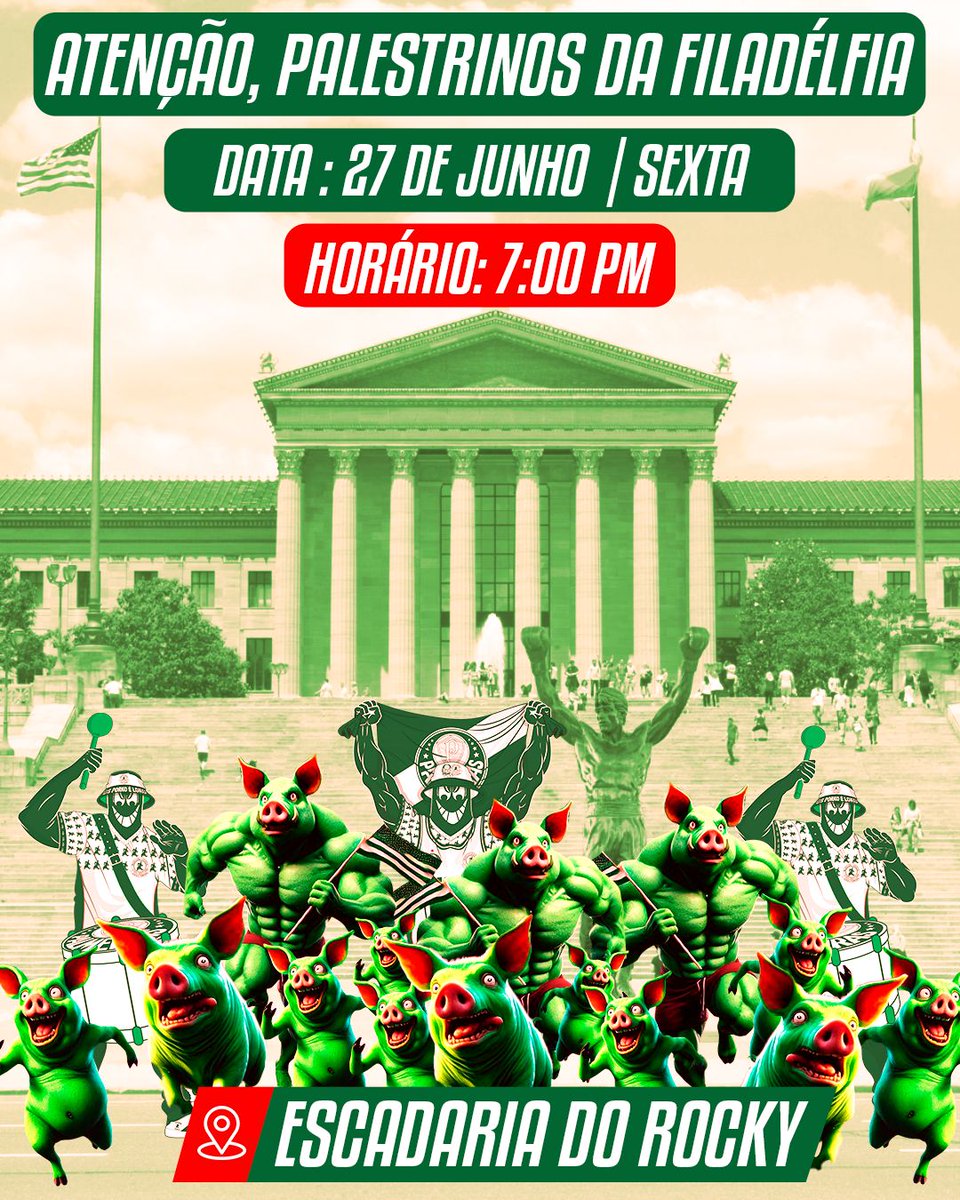 PALESTRINOS DA FILADÉLFIA! ⚪🟢
Escadaria do Rocky BALBOA 

Depois da Times Square e na Ocean Drive…
É hora de pintar de verde a escadaria mais famosa da América!
Traga sua bandeira,sua voz e sua paixão pelo Verdão

📍 Rocky Steps-Philadelphia Museum of Art
🕖 Sexta-feira, 7PM