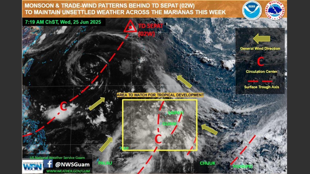 NWSGuam's tweet image. MONSOON and TRADE-WIND PATTERNS TO MAINTAIN UNSETTLED WEATHER ACROSS THE MARIANAS
MONITORING DEVELOPMENT OF A TROPICAL DISTURBANCE NEAR THE MARIANAS
For the latest updates, visit weather.gov/gum