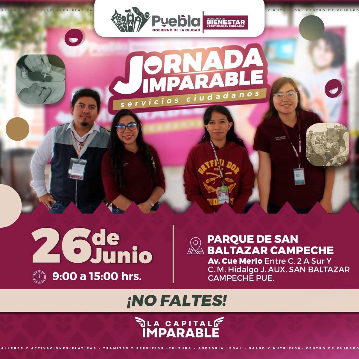 PueblaAyto's tweet image. 📢 Este 26 de junio, San Baltazar Campeche será sede de la #JornadaImparable de Servicios Ciudadanos.

⏰ De 09:00 a 15:00 horas. 

Un espacio donde los tres órdenes de gobierno unen esfuerzos para ofrecer trámites y apoyos cerca de ti.
