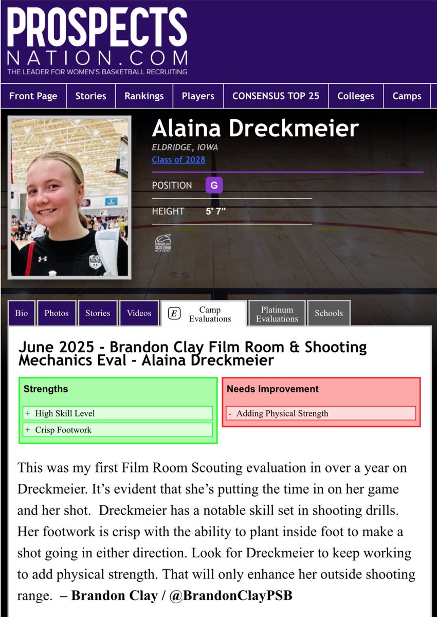 Brandon Clay 🎥 Film Room Evals | Powered x @bclayscouting

“The Best Evals &amp; Marketing in 🏀.”

New Eval 🚨

‘28 #BClayMarketing client Alaina Dreckmeier (IN) has a notable skill set in shooting drills. Her footwork is crisp with the ability to plant inside foot to make a shot