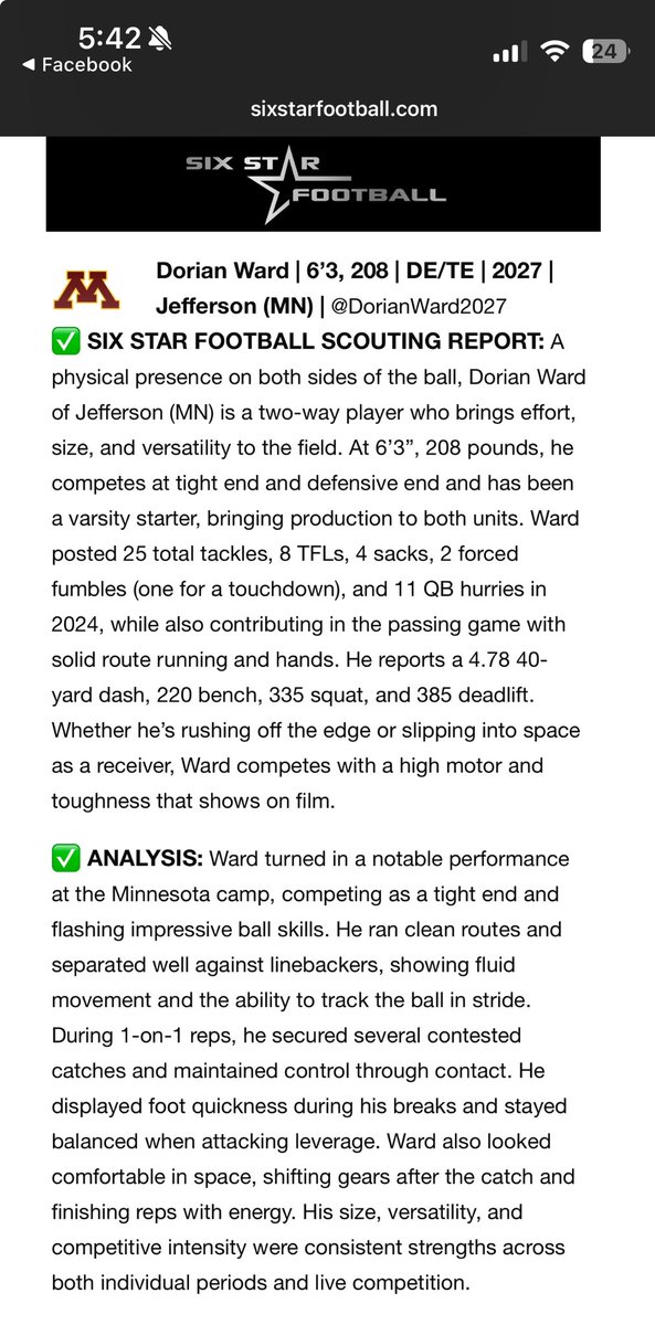 Dorian Ward (@dorianward2027) on Twitter photo Thanks for the write up <a href="/sixstarfootball/">Six Star Football | PLUS+</a>!! I appreciate it!! ๐ Definitely had a great time showing my skills at the <a href="/Coach_Fleck/">P.J. Fleck</a> and <a href="/GopherFootball/">Minnesota Football</a> camp!!! ๐ RTB!
<a href="/JagsFB/">Jaguar Football</a> <a href="/CoachWoodyJagFB/">Coach Woody M.Ed</a> <a href="/PrepRedzoneMN/">Prep Redzone Minnesota</a> <a href="/NWahlScouting/">Nate Wahl</a> <a href="/OJW_Scouting/">PrepRedzone Oliver</a> <a href="/Veesonie4/">Varmah Sonie</a> Thanks for the write up <a href="/sixstarfootball/">Six Star Football | PLUS+</a>!! I appreciate it!! ๐ Definitely had a great time showing my skills at the <a href="/Coach_Fleck/">P.J. Fleck</a> and <a href="/GopherFootball/">Minnesota Football</a> camp!!! ๐ RTB!
<a href="/JagsFB/">Jaguar Football</a> <a href="/CoachWoodyJagFB/">Coach Woody M.Ed</a> <a href="/PrepRedzoneMN/">Prep Redzone Minnesota</a> <a href="/NWahlScouting/">Nate Wahl</a> <a href="/OJW_Scouting/">PrepRedzone Oliver</a> <a href="/Veesonie4/">Varmah Sonie</a>