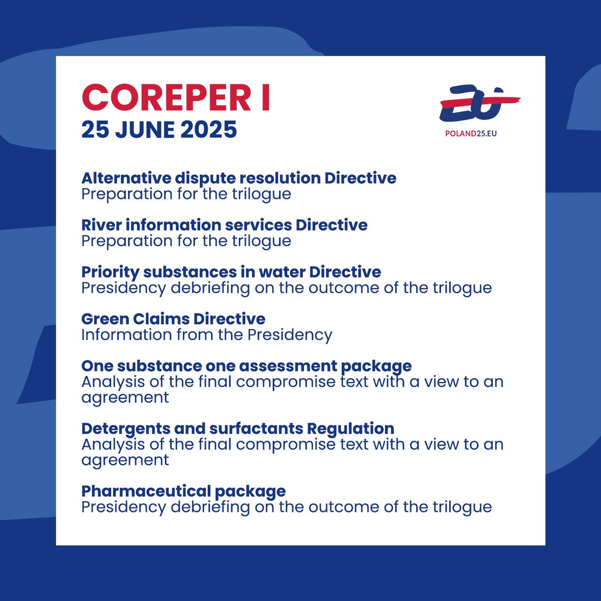 Preview of today’s Coreper I ⬇️

#Poland25eu