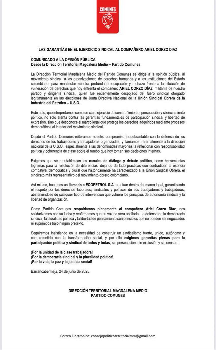 Desde <a href="/ComunesCoL/">Partido COMUNES 🌹</a> rechazamos la persecución sindical contra Ariel Corzo Díaz, militante y dirigente de la U.S.O. Exigimos respeto por su fuero sindical, garantías para la participación política y sindical, y el cese de prácticas autoritarias. ¡Su voz no será silenciada!