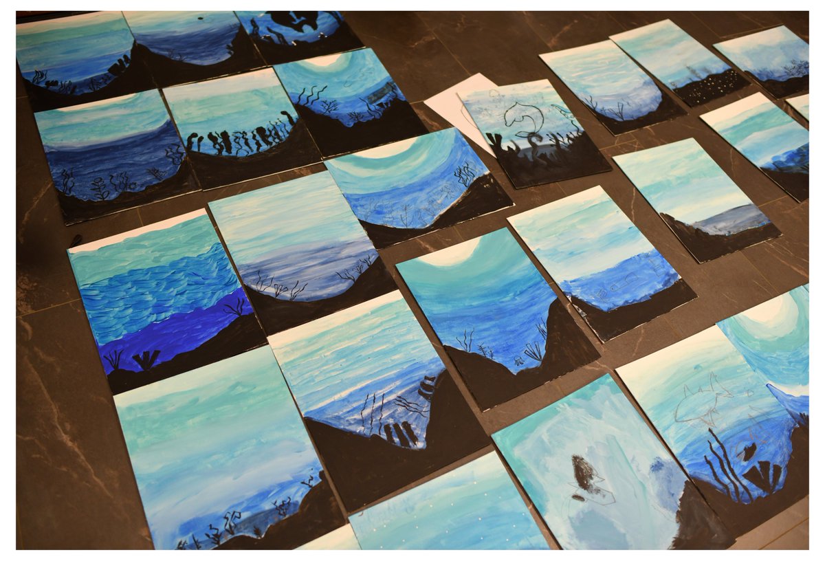 MrsOArtStudio's tweet image. It was so wonderful creating with my former middle schoolers today at @cucps! Today we dove into the deep blue sea to make colorful gradients and bold silhouettes. We’re just getting started, and I can’t wait to see their finished masterpieces tomorrow! 💙🦈 #wearecucps…