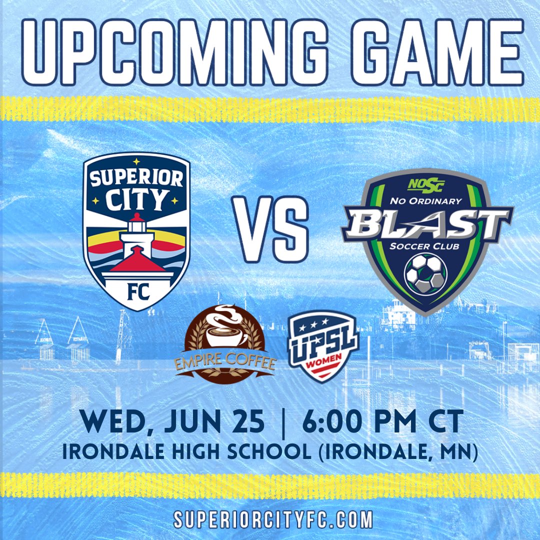 Avengers: Assemble 🛡️

The Beacons are back in the road, this time looking to right the wrong against NOSC Blast 💥

🆚 NOSC Blast
⏰ 6:00 PM CT
📍Irondale High School (Irondale, MN)
🏆 UPSL Premier
🎥 TBD
🎟 TBD

#UpTheBeacons #BuiltSuperior #UPSLsoccer