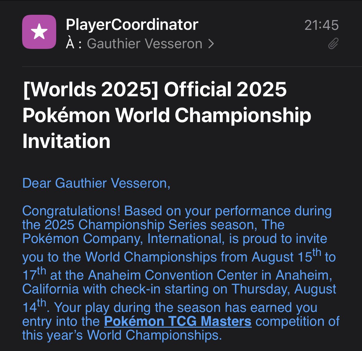 C’est enfin officiel !! Je pars à Anaheim cet été pour les championnats du monde de Pokémon TCG !!!