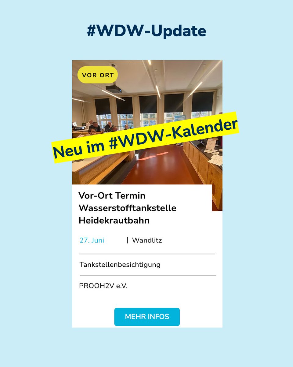 #WDW-Kalenderupdate
Welcome Brandenburg!
27. Juni - 11 Uhr - PROOH2V + Kreiswerke Barnim laden ein zum Vor-Ort Termin "Wasserstofftankstelle Heidekrautbahn"
wochedeswasserstoffs.de/veranstaltung/…
Alle #WDW-Events: lnkd.in/epRJr3Xk

#WDW2025
#Energiewende
#Wasserstofferleben
#Wasserstoff