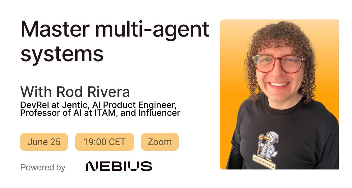 Sujee Maniyam (@sujee_dev) on Twitter photo 🚀 Upcoming Talk: Building Multi-Agent Systems with Open Standards by <a href="/rodriveracom/">Rod Rivera</a>
Join this webinar for a deep dive into building powerful multi-agent systems using open standards and frameworks.
💡 Learn practical strategies for coordination, communication, and 🚀 Upcoming Talk: Building Multi-Agent Systems with Open Standards by <a href="/rodriveracom/">Rod Rivera</a>
Join this webinar for a deep dive into building powerful multi-agent systems using open standards and frameworks.
💡 Learn practical strategies for coordination, communication, and