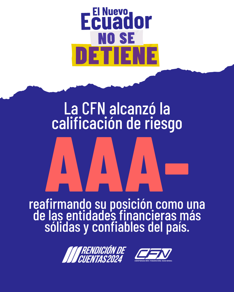 #RendiciónDeCuentas2024 | En el 2024 alcanzamos un hito institucional ✅ al mejorar su calificación de riesgos y avanzar  a “AAA-”.

🔝 Esta es la primera vez que la CFN se ubica en el tope de la Calificación de Riesgo de Instituciones Financieras del Ecuador. 

▶️ Más