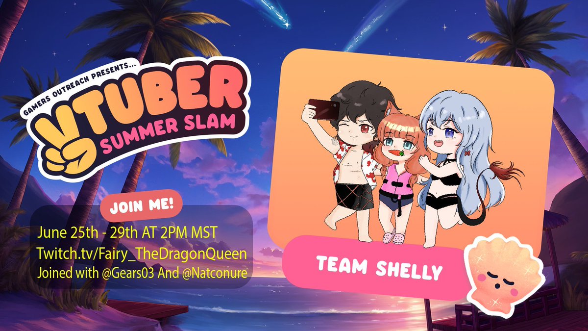 (TOMORROW) <a href="/GamersOutreach/">Gamers Outreach</a> Vtuber Summer Slam Event, Please Go Support! vv 
#VTuberSS2025 #charity #Vtuber #twichstreamer
#VtuberGroup #Streamers #Event #Support 
=-=-=-=💜🏖️
<a href="/FairyQueenRave1/">Fairy_TheDragonQueen⭐🐲</a> 
<a href="/Gears38/">Gears03</a> 
<a href="/natconure/">Natconure</a> 
=-=-=-=💜🏖️
twitch.tv/natconure
twitch.tv/fairy_thedrago…