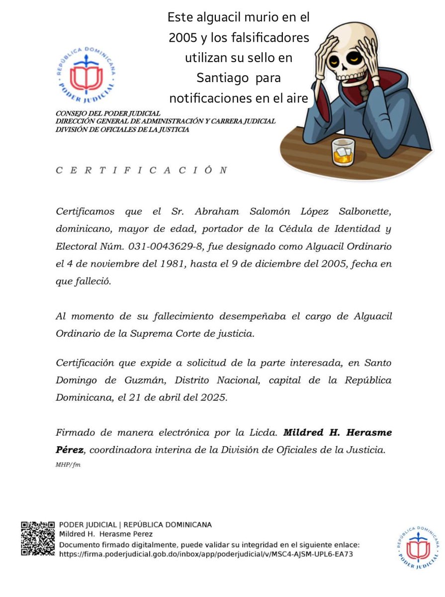 Lic. Amadeo Peralta (@amadeoperalta) on Twitter photo Atencion!!!!
Jurisdicción Inmobiliaria y abogados de Santiago, <a href="/PoderJudicialRD/">Poder Judicial de la República Dominicana</a> <a href="/ProcuraduriaRD/">Procuraduría General de la República Dominicana</a> tengo tiempo.....denunciando una mafia de falsificadores de documentos para robarse propiedades, este alguacil fallecio hace 20 años y aun lo tienen notificando en el aire deslindes. Atencion!!!!
Jurisdicción Inmobiliaria y abogados de Santiago, <a href="/PoderJudicialRD/">Poder Judicial de la República Dominicana</a> <a href="/ProcuraduriaRD/">Procuraduría General de la República Dominicana</a> tengo tiempo.....denunciando una mafia de falsificadores de documentos para robarse propiedades, este alguacil fallecio hace 20 años y aun lo tienen notificando en el aire deslindes.