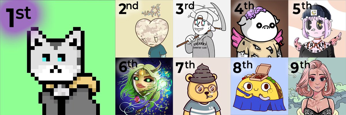 🔥 NFT GIVEAWAY CONTEST 🔥 

8 Insane NFT prizes!!!     

1st - <a href="/solanastrays/">Solana Strays</a> 
2nd - <a href="/LT3NFT/">Less Than Three</a> 
3rd - <a href="/UncannyCC/">UNCANNY</a> 
4th - <a href="/ThePigPen_/">ThePigPen</a> 
5th - <a href="/IceGirlzNFT/">Ice Girlz</a> 
6th - <a href="/Bloonz_NFT/">Bloonz🎈</a> 
7th - <a href="/SnoutBears/">Snout Bears NFT</a> 
8th - <a href="/TheTacoTribe/">Taco Tribe ༼ ง ⊙ᴗ⊙｡༽ง 🌮</a> 
9th - <a href="/Top_Mur_Meow/">Mur Meow</a>  

Contest Entry Rules are located in the