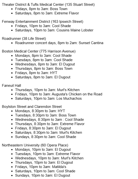 ALERT: The City of Boston will now allow food trucks to operate on certain sites until 3AM, near hospitals, universities, music venues, and nightlife districts, providing workers, residents, and patrons nighttime food options.
