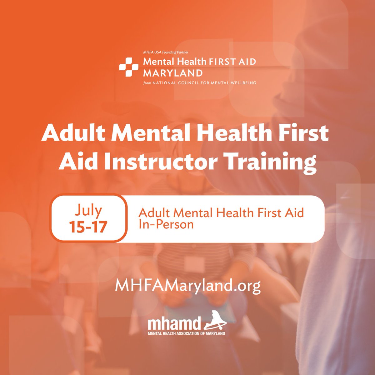 Join MHAMD’s in-person MHFA Instructor Training, July 15–17, 2025, in Lutherville—limited seats left!

In-person sessions are rare, so don’t miss this tuition-based opportunity to get certified.
