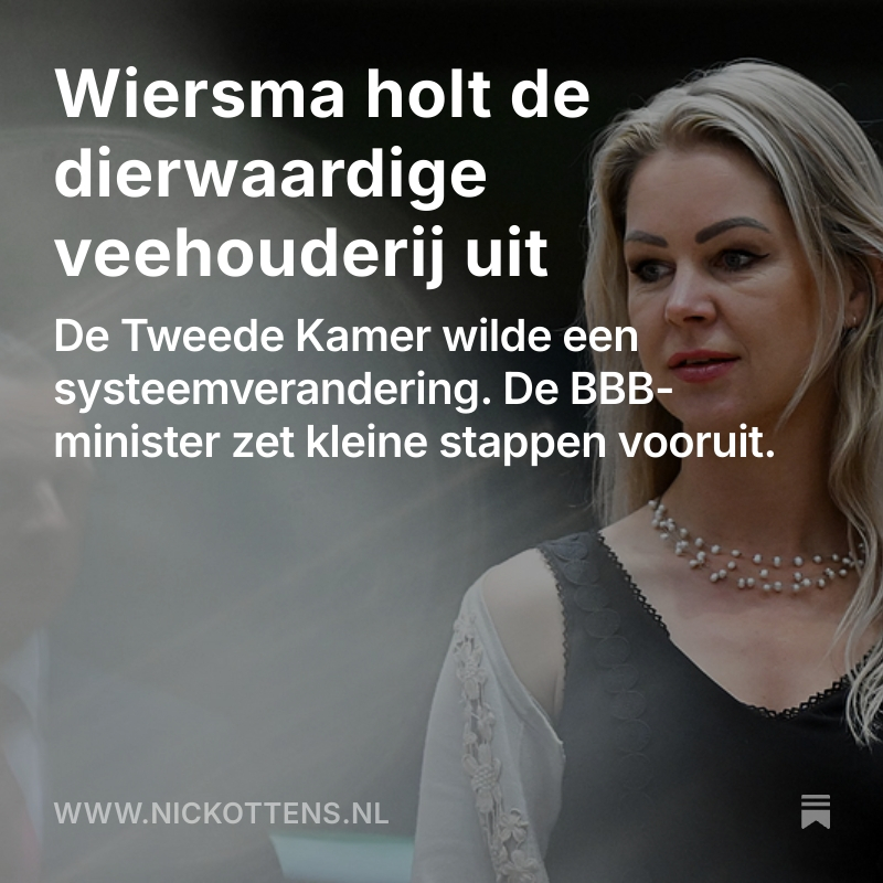 🐷 Biggen 4 dagen langer bij hun moeder — maar nooit buiten.
🐖 Kraamkooien van 5-6 weken naar 8 dagen.
🐥 Nog steeds plofkippen voor vleesexport.
🐮 Geen kalf bij de koe.
🐄 Weidegang niet verplicht.
Een 'dierwaardige' veehouderij volgens <a href="/ministerLVVN/">Femke Marije Wiersma</a>: nickottens.nl/p/wiersma-holt…